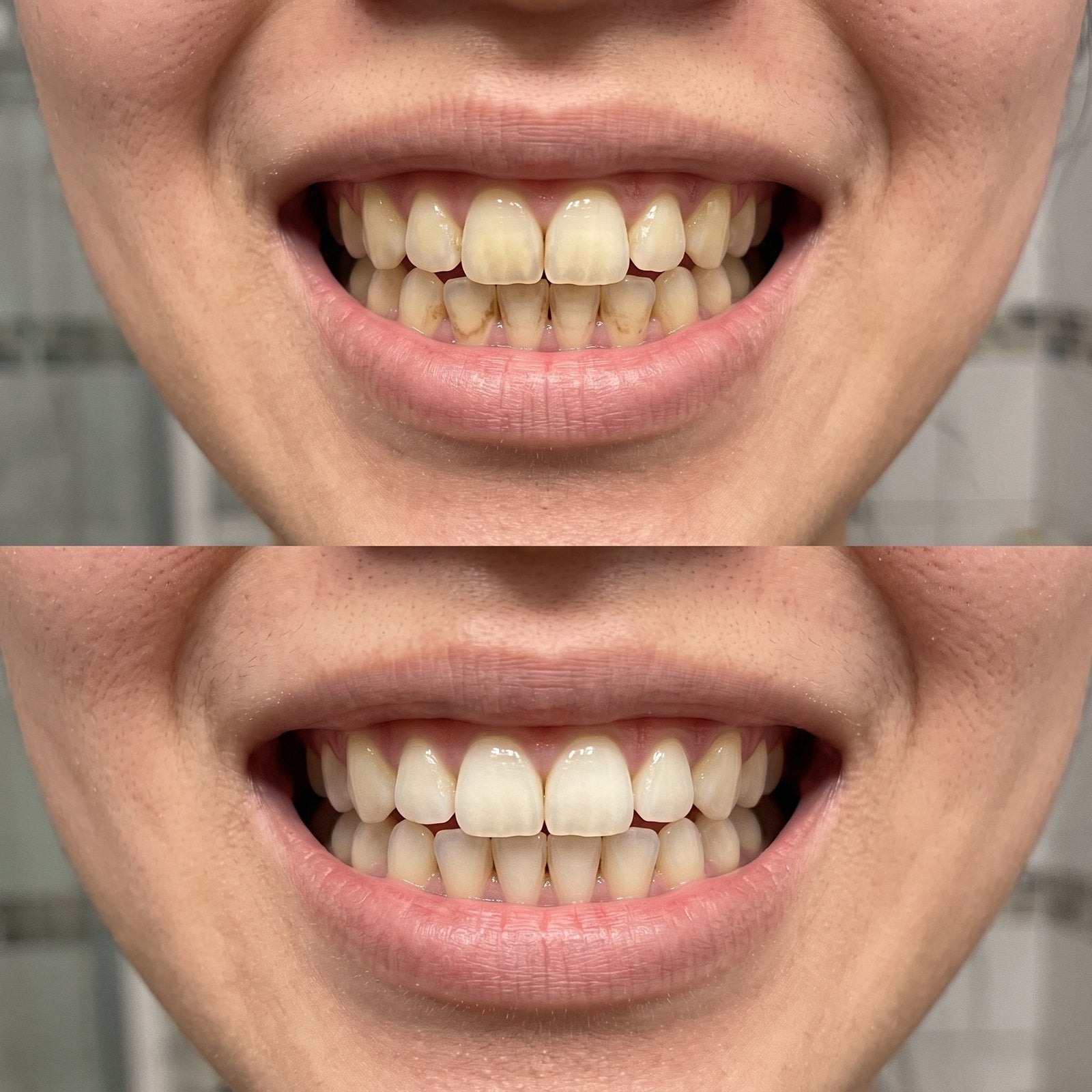 Staining on crowded lower teeth, before and after surface whitening
