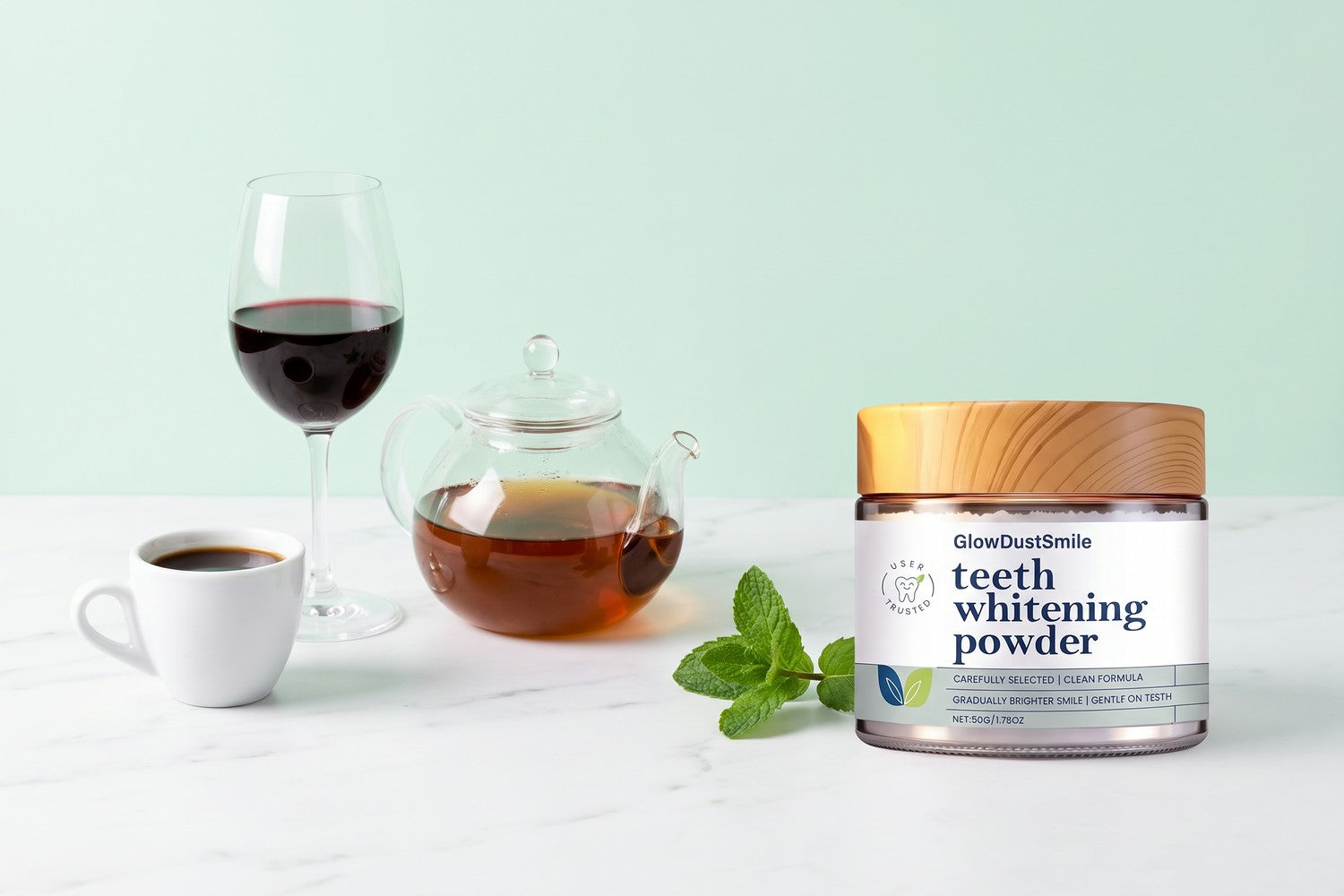 Coffee, red wine and tea beside the GlowDustSmile jar