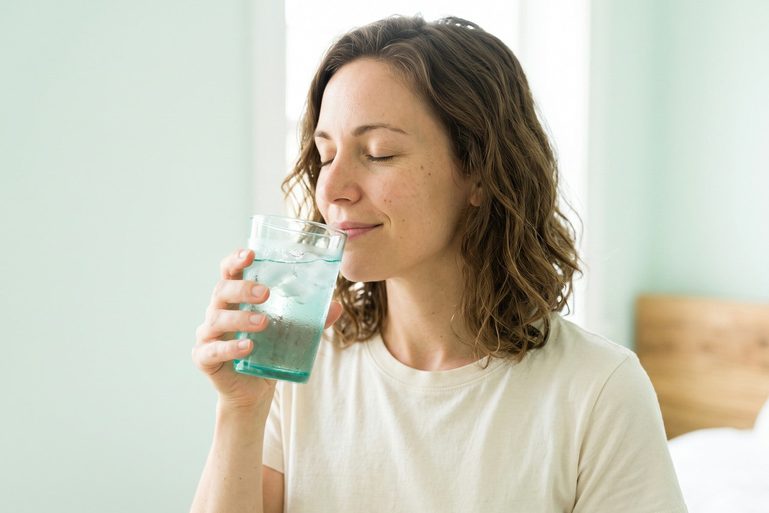 A relaxed woman drinking iced water without discomfort