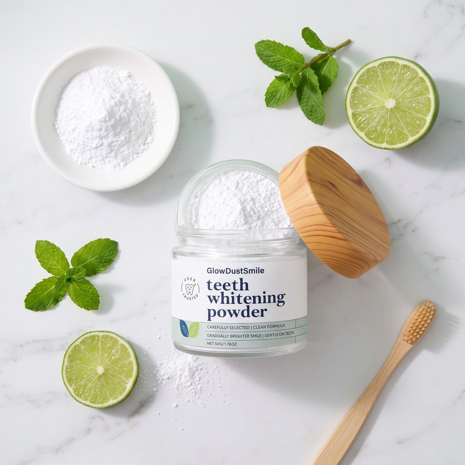The GlowDustSmile powder with fresh mint and citrus