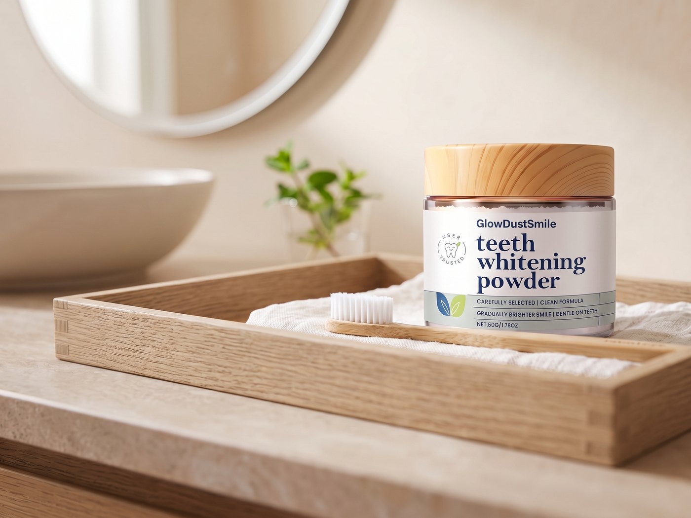 GlowDustSmile whitening powder on a bathroom shelf with a bamboo toothbrush