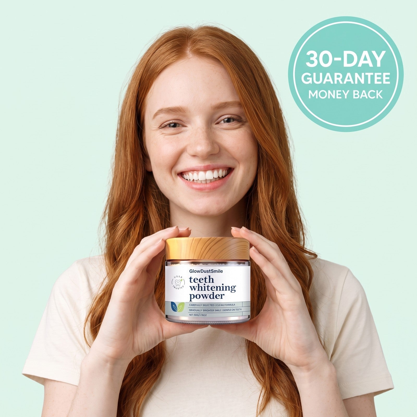 Happy customer holding the GlowDustSmile whitening powder, 30-day money-back guarantee
